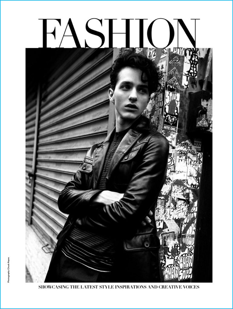 Martin Conte sports a leather jacket from Parisian label Lanvin.