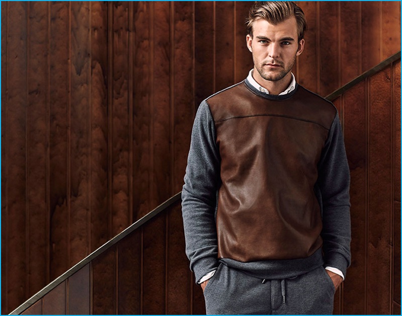 Patrick Kafka wears a leather pullover from Massimo Dutti's fall-winter 2016 men's equestrian collection.