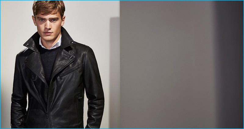 Bo Develius rocks a black nappa leather biker jacket from Massimo Dutti's Personal Tailoring collection.