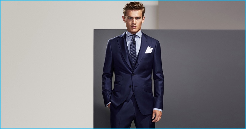 Bo Develius is front and center in a dapper suit from Massimo Dutti's Personal Tailoring collection.