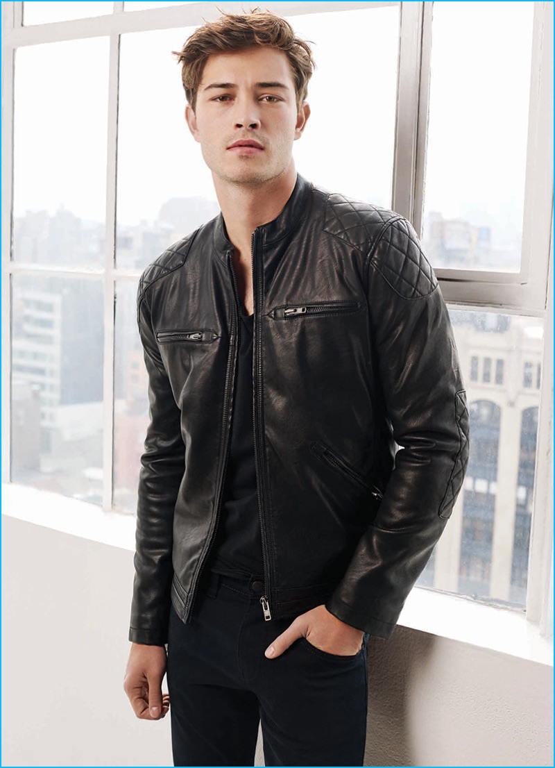 Francisco Lachowski rocks a leather racer jacket from Mavi's fall-winter 2016 collection.