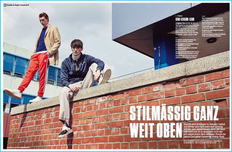 Pictured left to right, models Lucas Dambros and Mihai Bran embrace the athleisure fashion trend for fall-winter 2016. » Men's Health Germany Spotlights Effortless Fall Fashion Trends Pictured left to right, models Lucas Dambros and Mihai Bran embrace the athleisure fashion trend for fall-winter 2016.