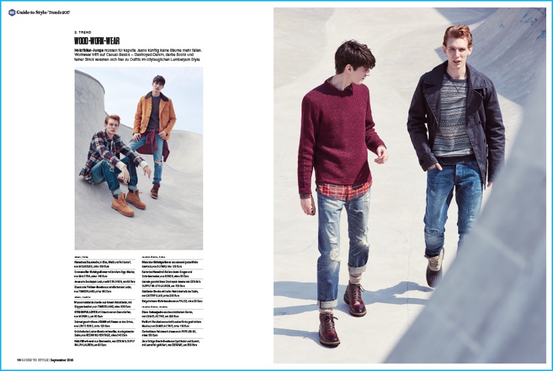 Lucas Dambros and Mihai Bran model workwear-inspired looks for Men's Health Germany.