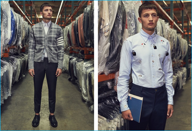 Left to Right: Pairing a button-down shirt with a smart cardigan sweater, Frederik wears all clothes and shoes Thom Browne. Tucking his shirt into a pair of trousers, Frederik wears all clothes and accessories Thom Browne.