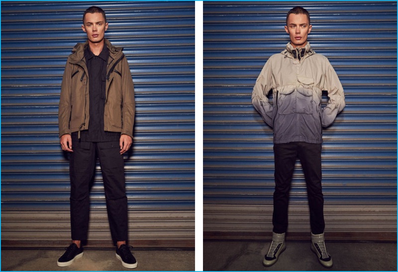Left to Right: Simon Kotyk wears J1B-S jacket Acronym, reversed sateen BDU jacket Engineered Garments, pat twill trousers Acne Studios, and Urban Street low top sneakers Givenchy. Simon wears J28-K jacket Acronym, Ace black denim jeans Acne Studios, and Future high top sneakers Maison Margiela.