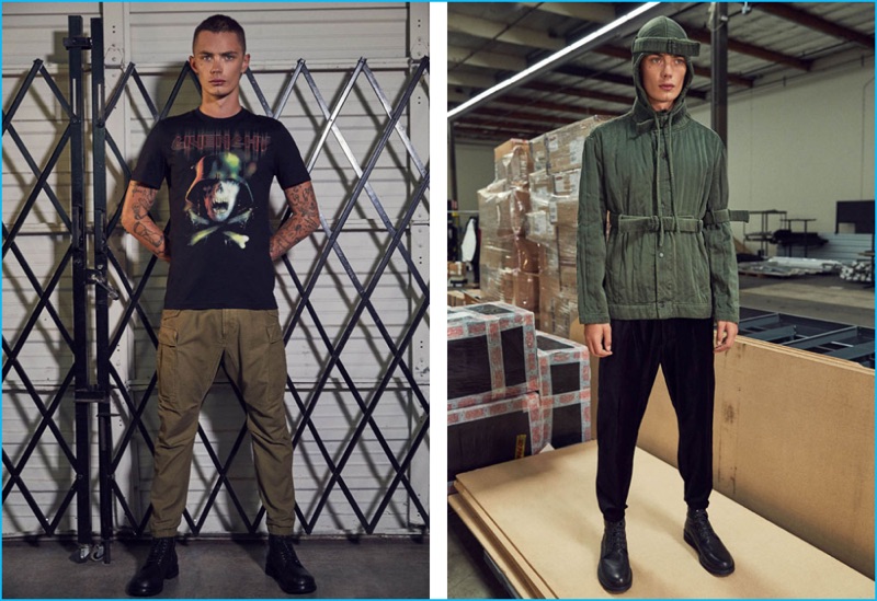 Left to Right: Simon Kotyk wears Cuban Fit Army Skull tee Givenchy, surplus military cargo pants R13, and low leather army boots Rick Owens. Simon wears silk hood jacket Craig Green, velveteen balloon pants Engineered Garments, and lace up leather combat boots Ann Demeulemeester.