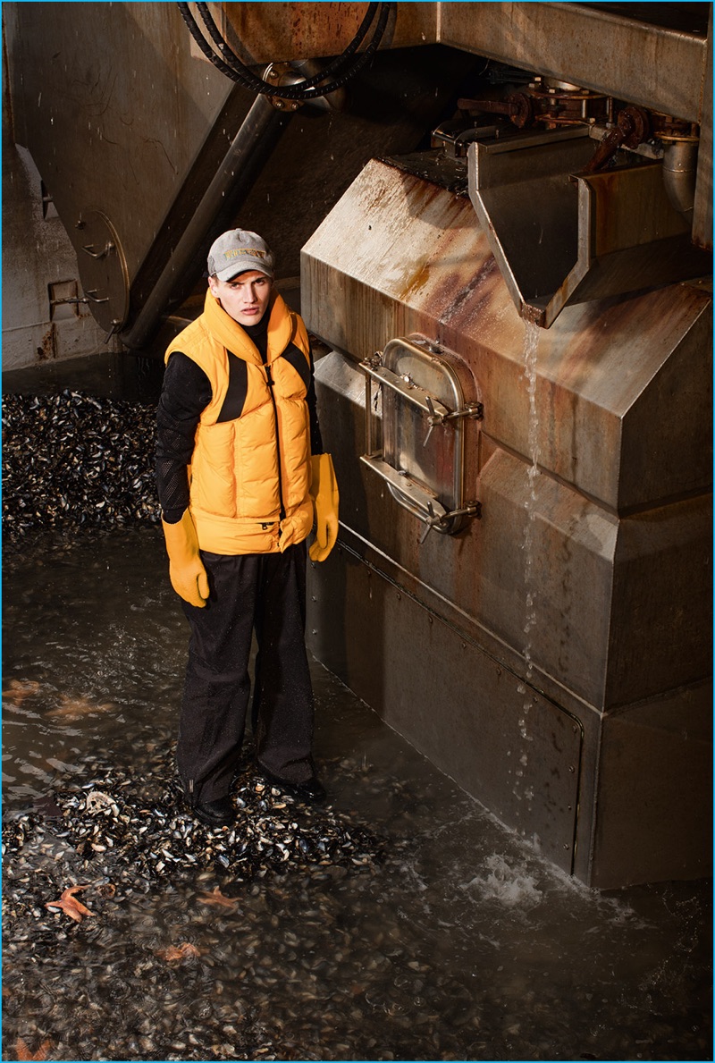 Yellow quilting makes quite the standout for Moncler O's vests.