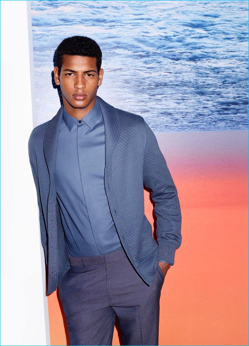 Model Tidiou M'Baye embraces blue hues as the star of Perry Ellis' fall-winter 2016 campaign.