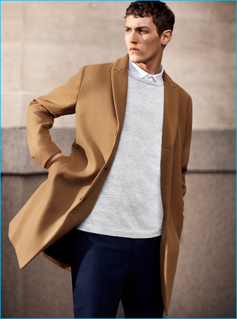 Rutger Schoone dons a camel coat from Premium by Jack & Jones' fall 2016 collection.