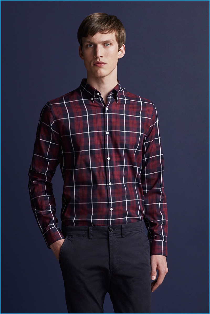 Malthe Lund Madsen is front and center in a red plaid shirt from Premium by Jack & Jones' fall-winter 2016 NOOS collection.