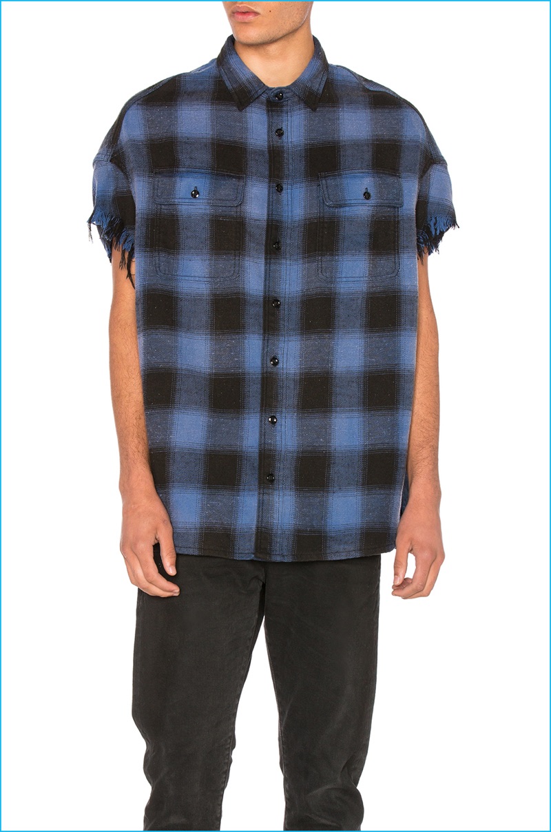 R13 Oversized Check Cut-Off Shirt with Frayed Sleeves