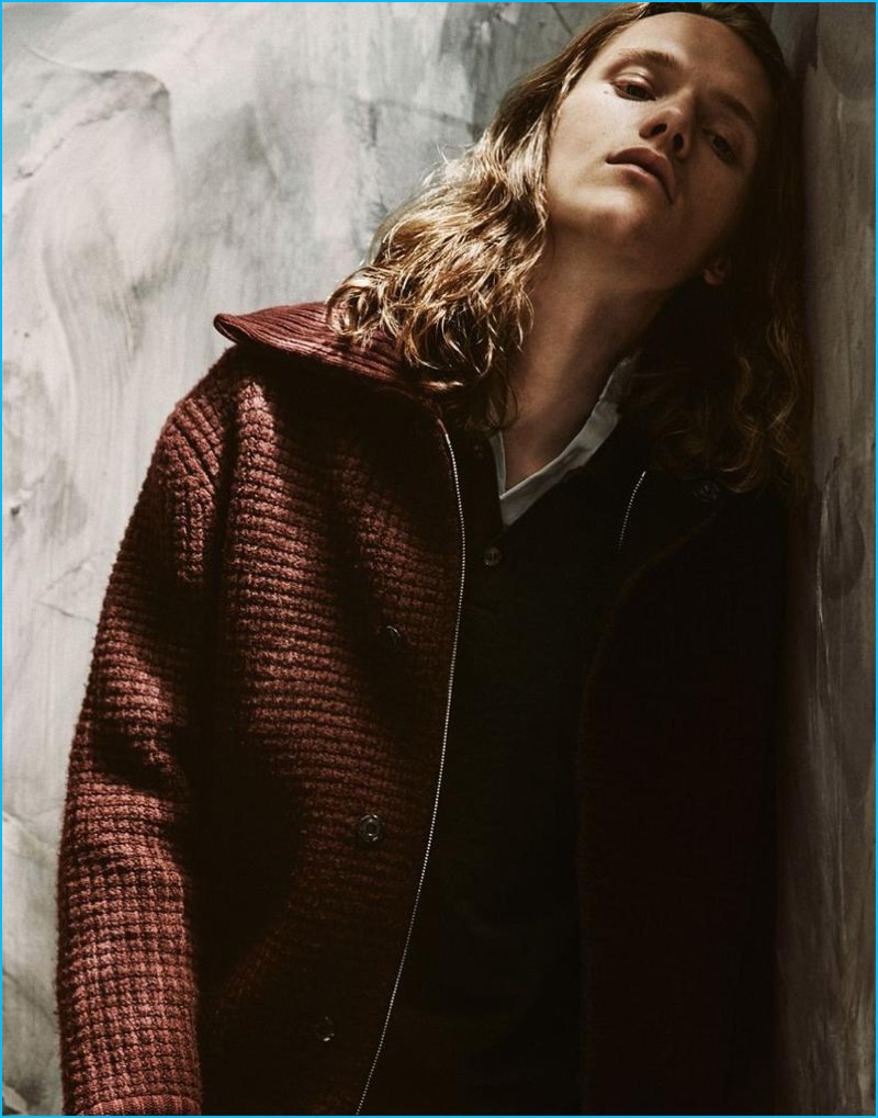 Ryan Keating dons a knit jacket from Orley for Interview magazine.