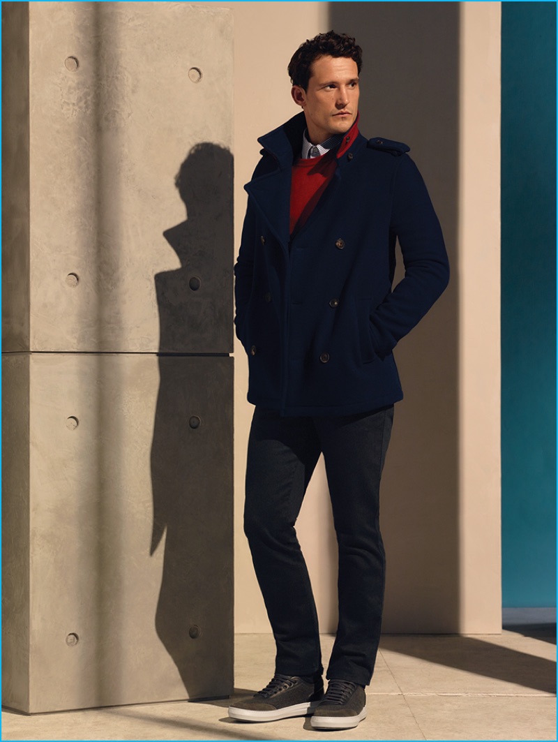 Sam Webb channels a nautical spirit in a navy peacoat from Salvatore Ferragamo's pre-fall 2016 men's collection.