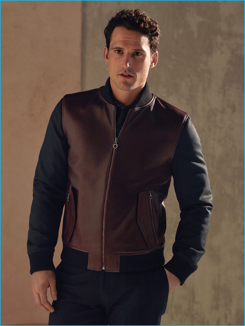 Sam Webb is front and center in a chic leather jacket from Salvatore Ferragamo's pre-fall 2016 men's collection.