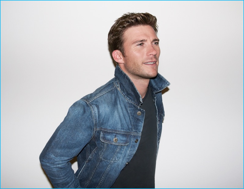 Scott Eastwood rocks a shirt and denim jacket from AG Jeans.