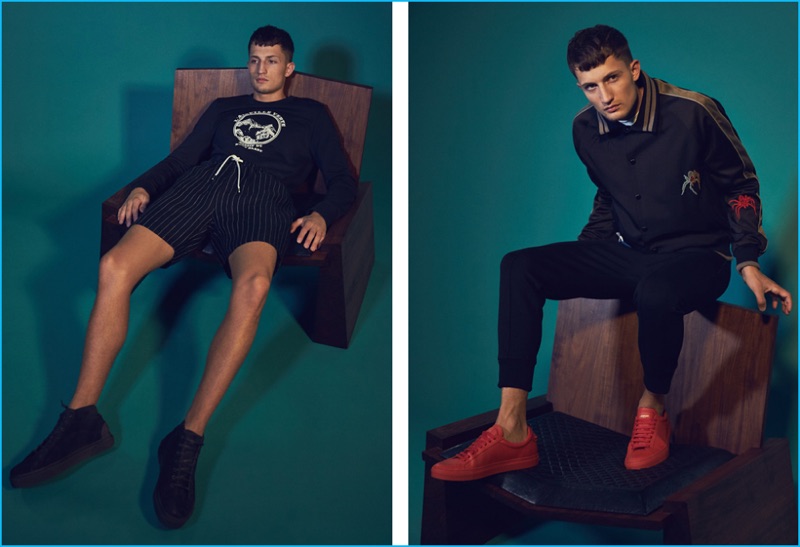 Left to Right: Frederik Woloszynski wears Aigulle Verte sweatshirt A.P.C., striped shorts Second/Layer and suede sneakers Lanvin. Frederik wears spider embroidery baseball jacket Lanvin, face tee Marni, skinny track pants Neil Barrett and red sneakers Givenchy.