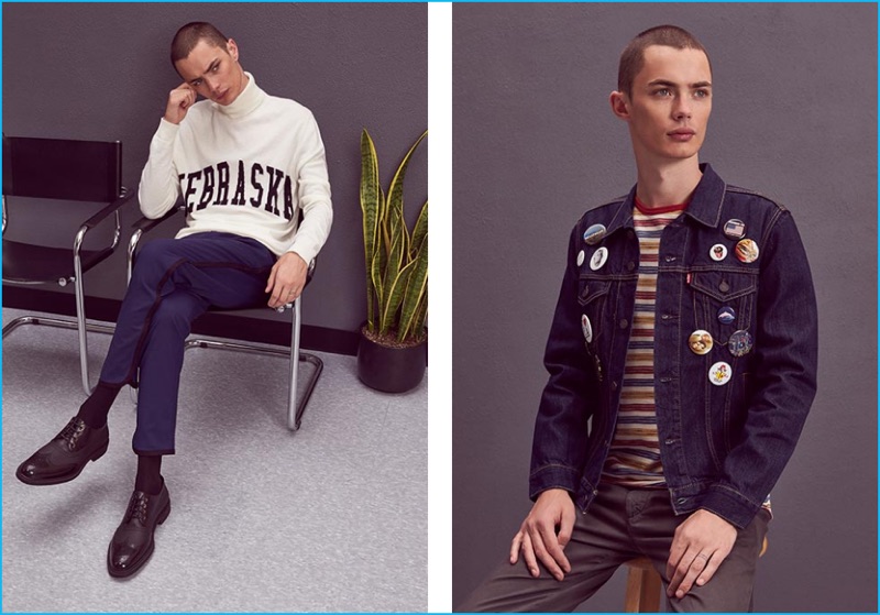 Left to Right: Simon Kotyk wears Nebraska turtleneck sweater Off-White, joggers Public School, and lace-up brogues Vivienne Westwood. Simon wears denim trucker jacket Levi's Premium, striped t-shirt Deus Ex Machina, and khaki pants AG Adriano Goldschmied.