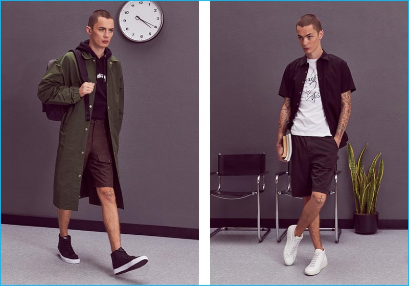 Left to Right: Simon Kotyk wears duster Mr. Completely, hoodie Stussy, cargo shorts T by Alexander Wang, Sk8-Hi Reissue leather shoes Vans, and backpack Herschel Supply Co. Simon wears short sleeve button-down shirt Superism, graphic t-shirt Vivienne Westwood, shorts Stussy, and white Original Achilles Mid sneakers Common Projects.