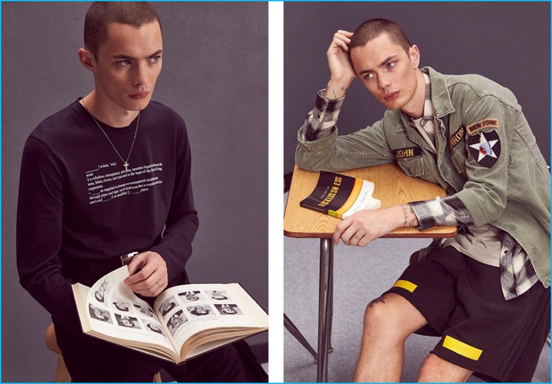 Left to Right: Simon Kotyk wears print long-sleeve tee Public School, cargo pants 424, and cross necklace Cast of Vices. Simon wears Rolling Stones army jacket Madeworn, western snap plaid button-down shirt Herman, tank Superism, and arrows shorts Off-White.