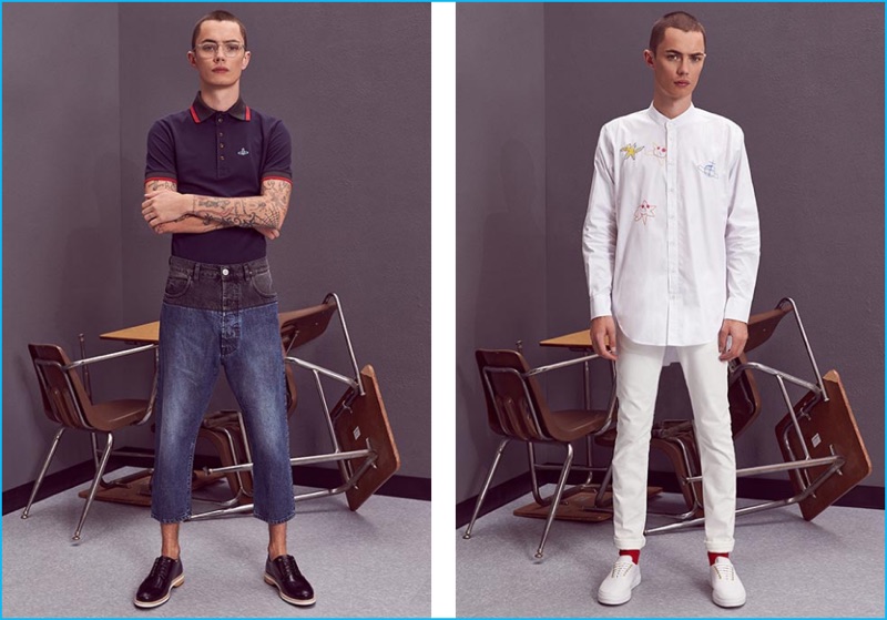 Left to Right: Simon Kotyk wears polo shirt Vivienne Westwood, distressed cropped jeans Vivienne Westwood, leather shoes Want Les Essentiels De La Vie, and glasses Raen. Simon wears circle shirt Vivienne Westwood, skinny white selvedge jeans Naked & Famous Denim, and white canvas sneakers EYTYS.