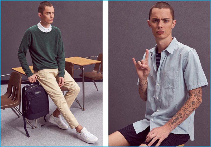 Left to Right: Simon Kotyk wears pullover Mollusk, white polo Scotch & Soda, pleated trousers Stussy, white sneakers Diadora, and Kastrup backpack Want Les Essentiels De La Vie. Simon wears pocket shirt Levi's Made & Crafted, striped t-shirt Outerknown, striped wool shorts Stussy, and denim sneakers Saucony.