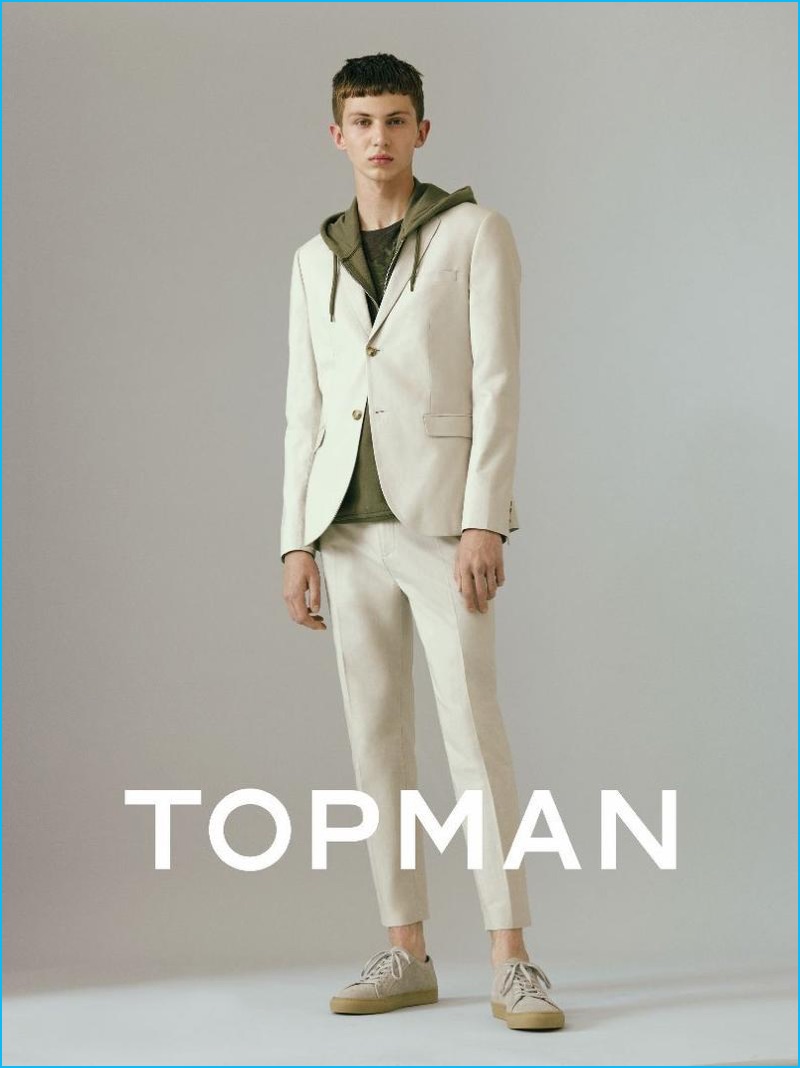 Topman adds a sporty element to trim suiting with an essential fall hoodie.