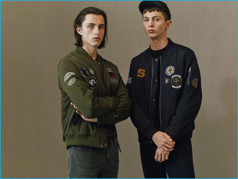 Patch covered bomber jackets are among the standouts from Topman's fall 2016 essentials.