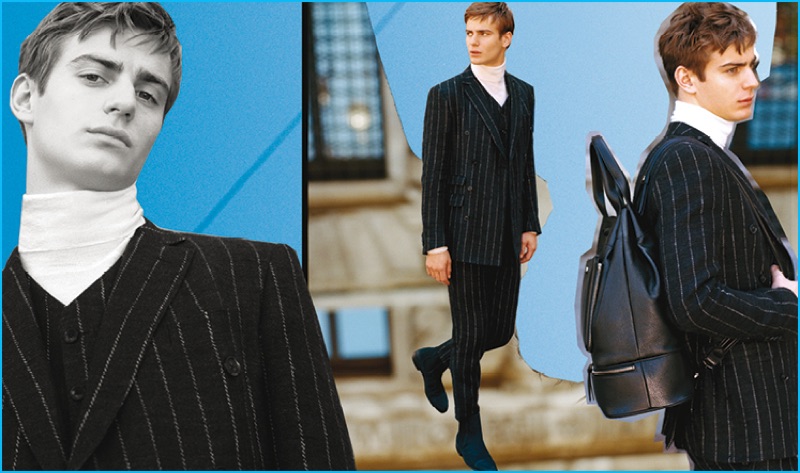 Ben Allen dons striped suiting for Trussardi's fall-winter 2016 campaign.
