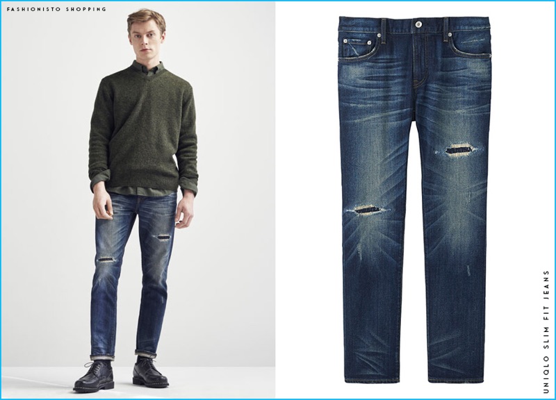 Janis Ancens embraces distressed denim in a pair of UNIQLO's slim fit jeans.