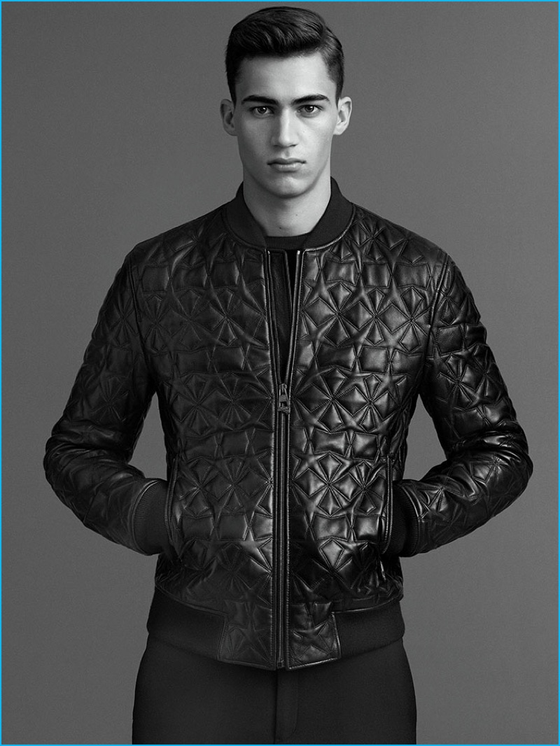 Alessio Pozzi rocks a quilted leather jacket from Versace's fall-winter 2016 collection.