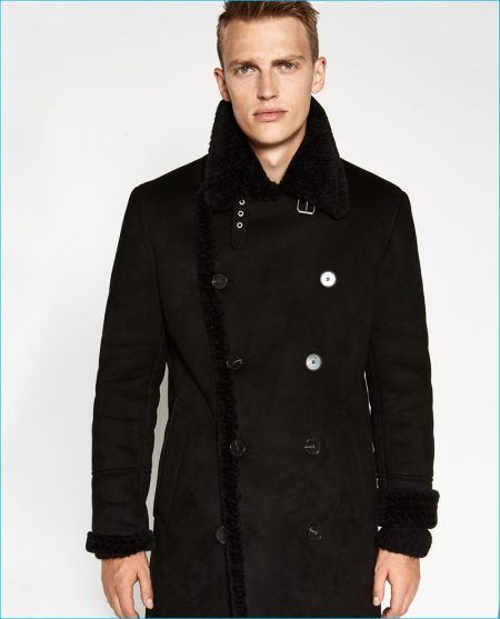 Zara Man Black Double Breasted Shearling Coat