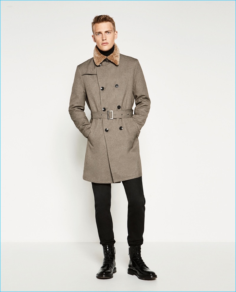 Victor Nylander has a military style moment in a belted trench from Zara Man.