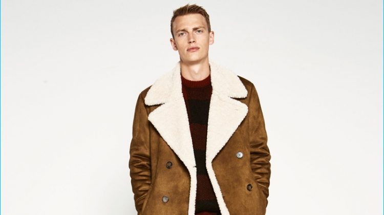 Zara Man Double Breasted Shearling Coat