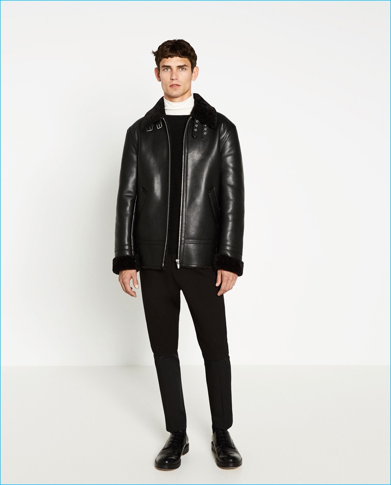 Arthur Gosse is front and center in a faux leather fleece jacket from Zara Man.