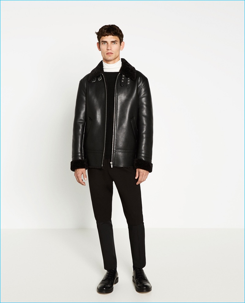 zara black shearling coat