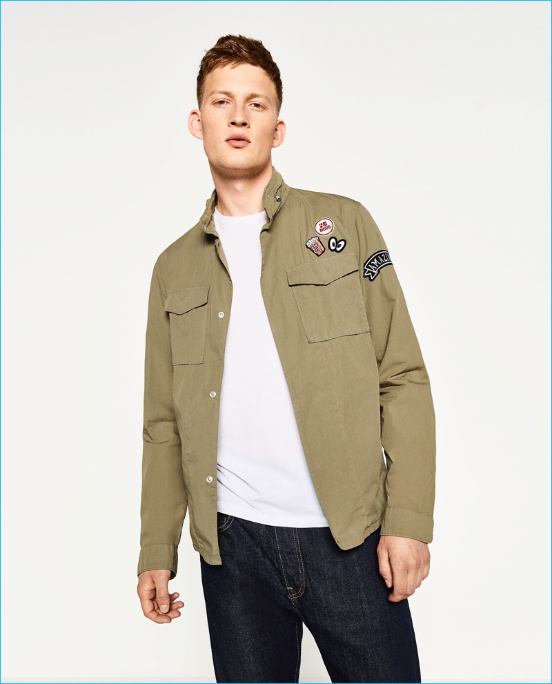 Bastian Thiery wears Zara Man Military Jacket.