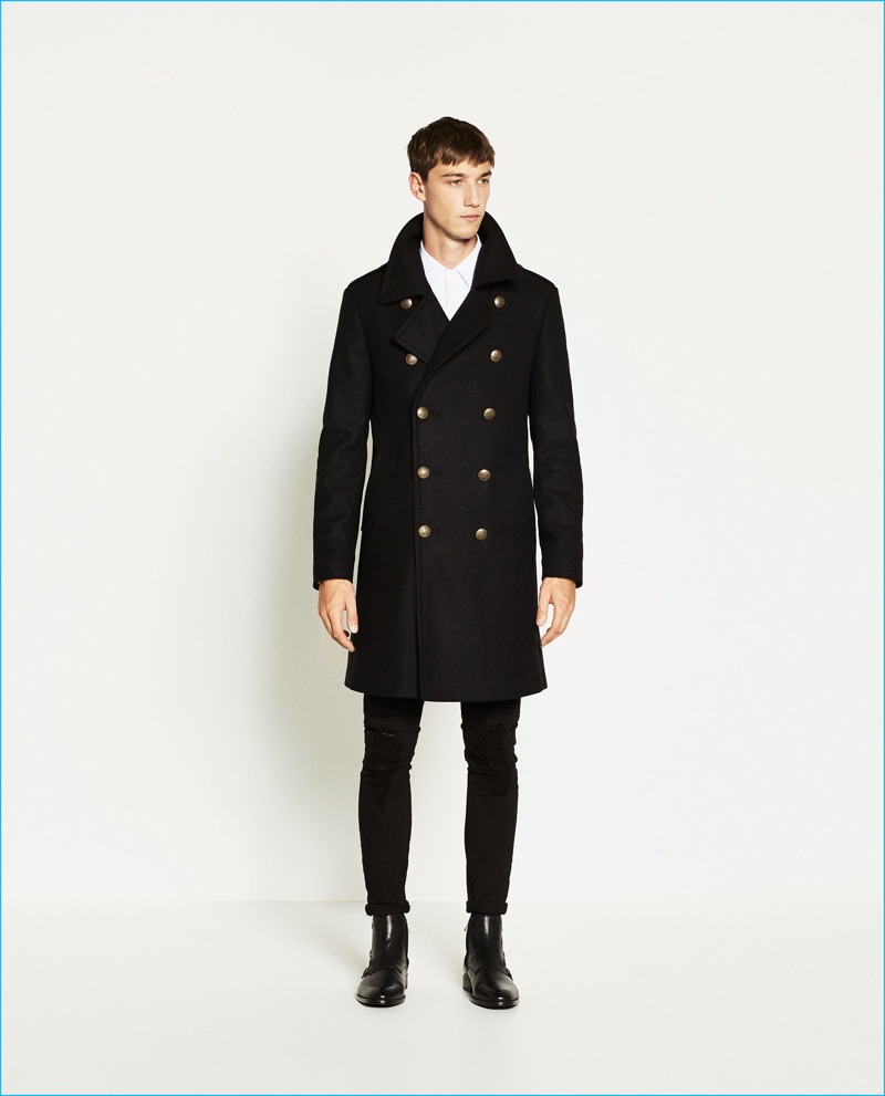 Harvey James wears Zara Man Military Style Coat.