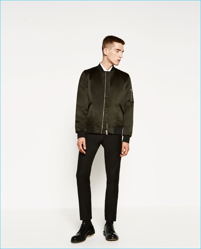 Anatol Modzelewski embraces the military trend in a sateen bomber jacket from Zara Man.