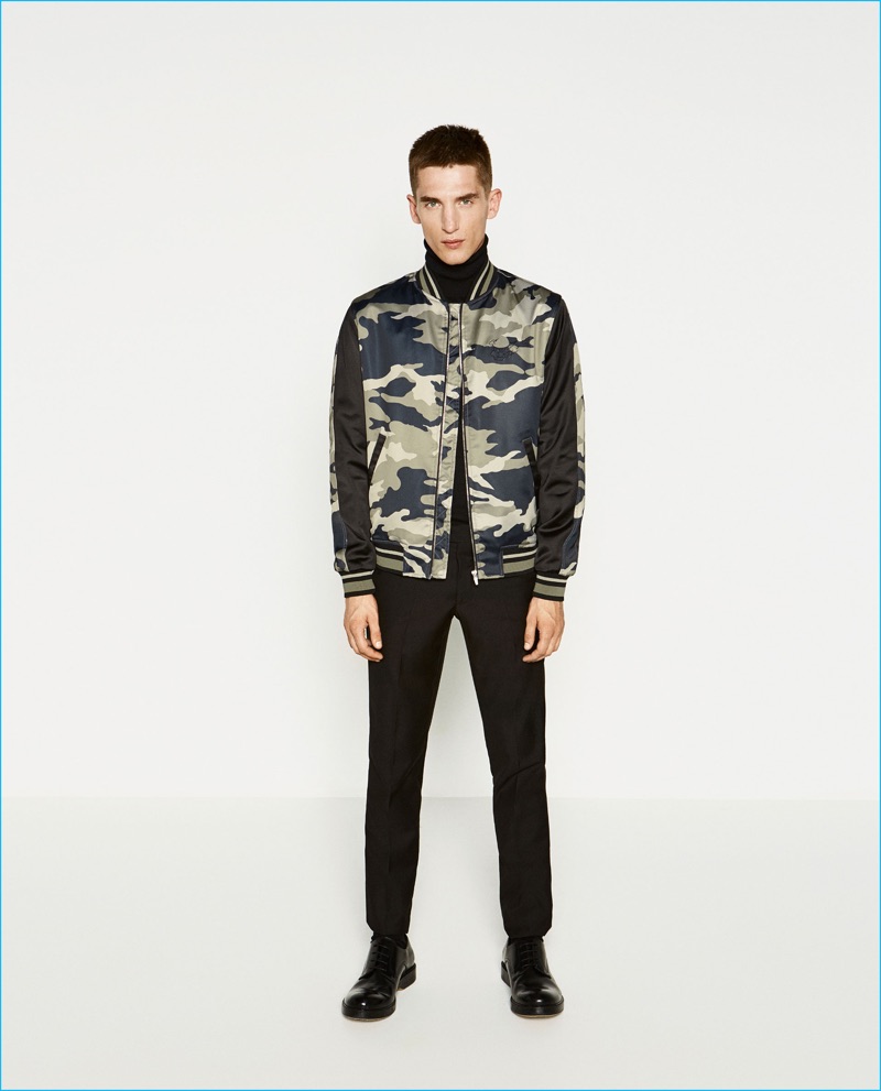 Anatol Modzelewski is front and center in a tiger camouflage bomber jacket from Zara Man.