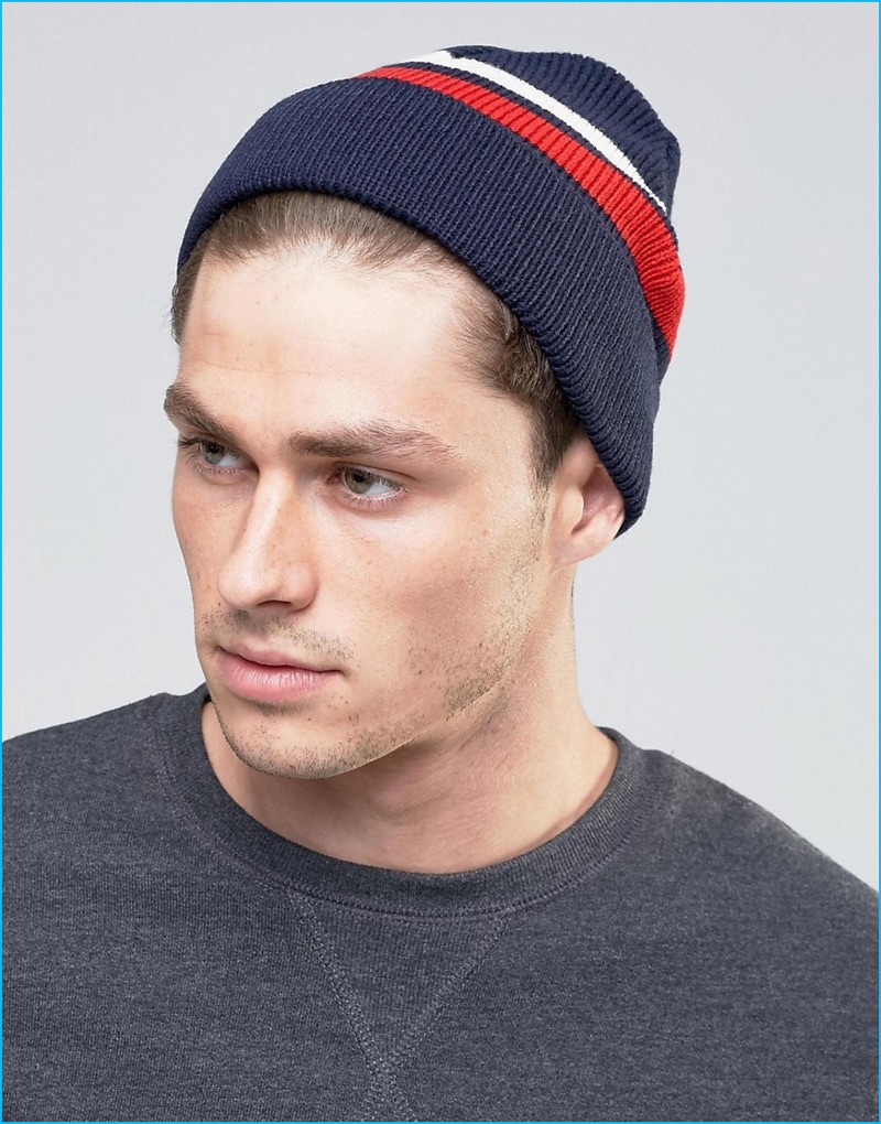 ASOS Men's Navy, Red and White Stripe Fisherman Beanie