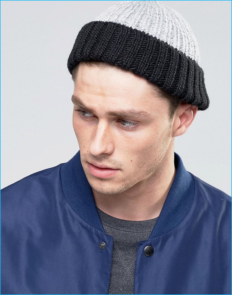 ASOS Men's Black and Grey Mini Fisherman Beanie