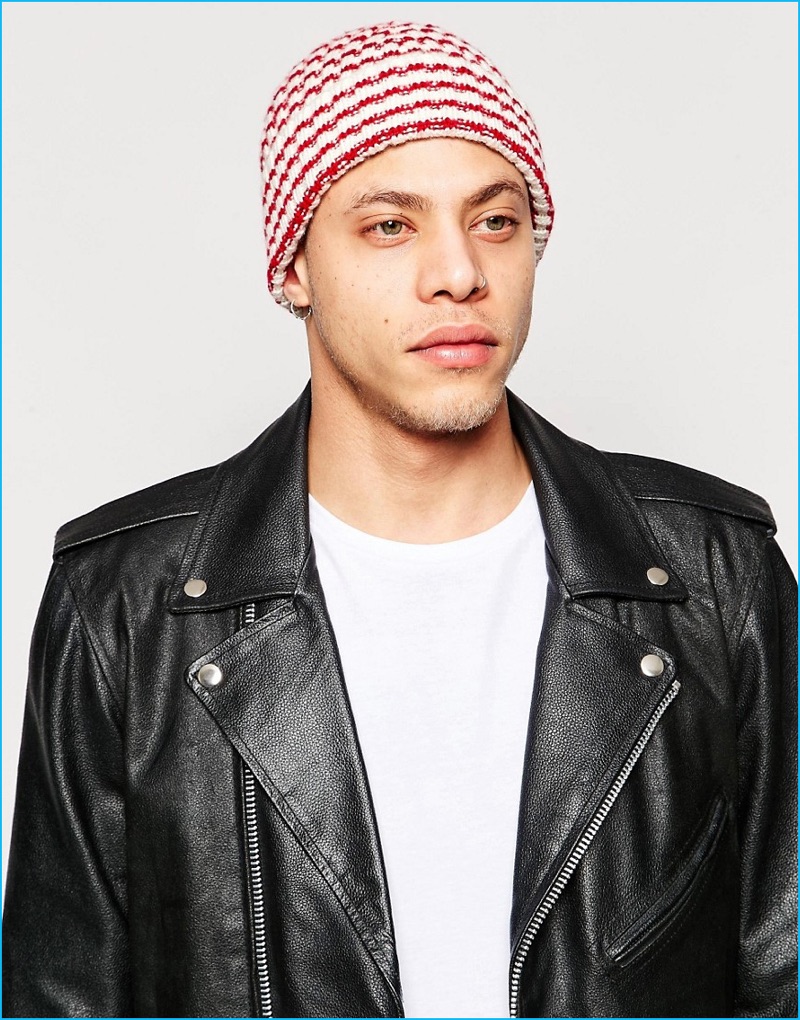 ASOS Men's Red and White Striped Fisherman Beanie