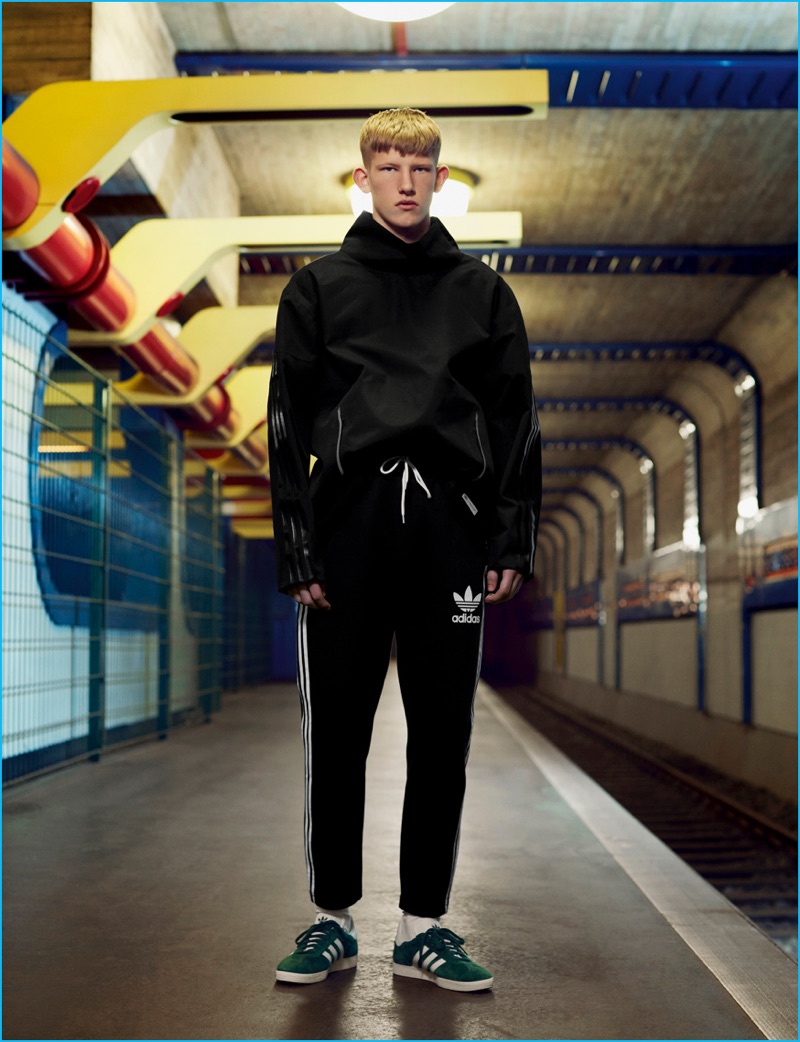 Connor Newall styled by Jay Massacret in classic active-inspired fashions from Adidas.