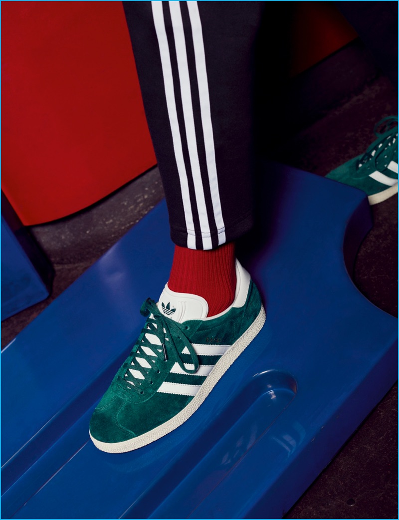 Available in over fifty colorways, Adidas' Gazelle sneakers are front and center in green.