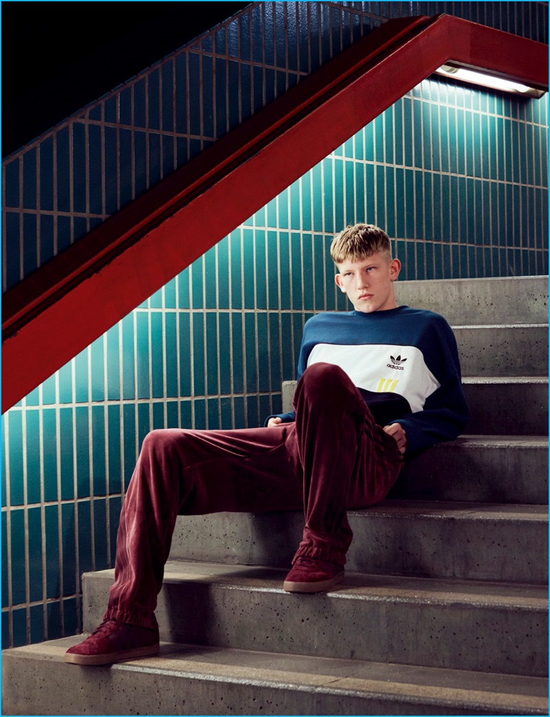 Connor Newall pictured in a colorblocked sweatshirt for Adidas' fall-winter 2016 Highlights lookbook.