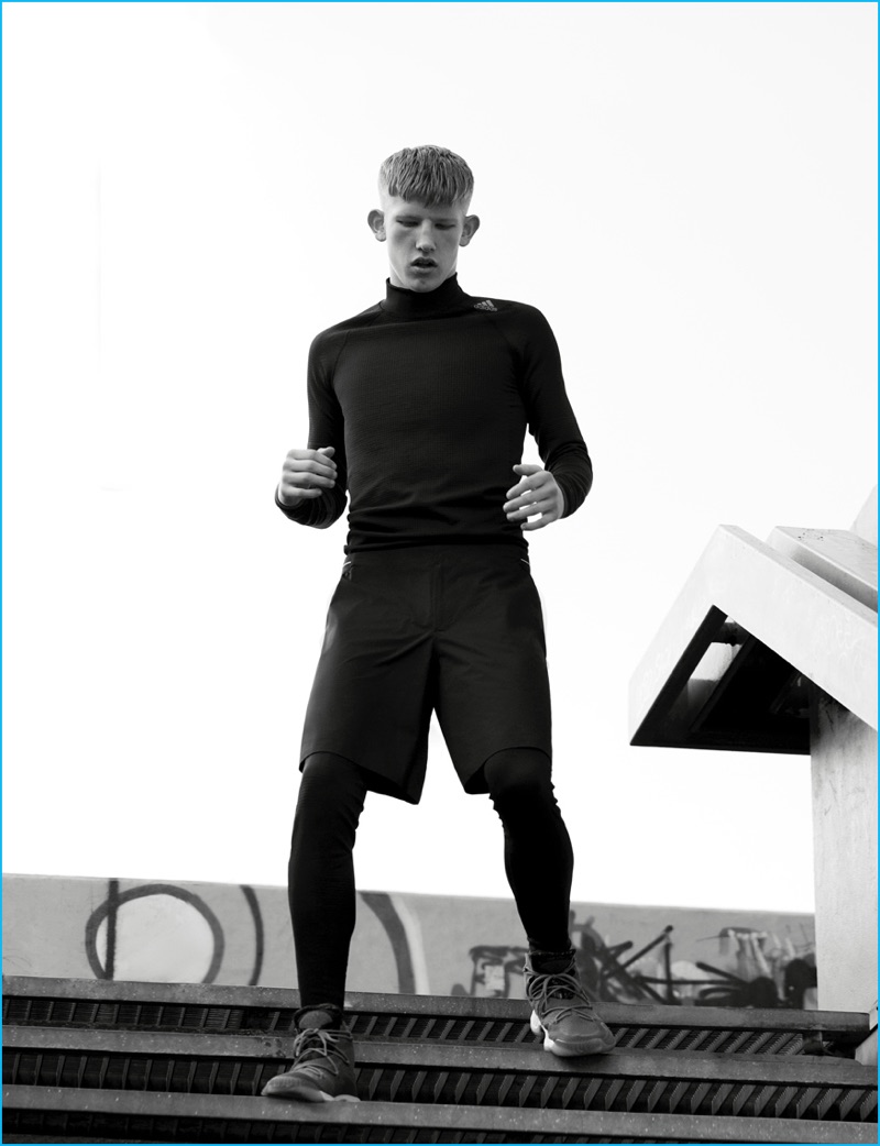 Connor Newall is a sporty vision in a monochromatic number for Adidas' fall-winter 2016 highlights lookbook.