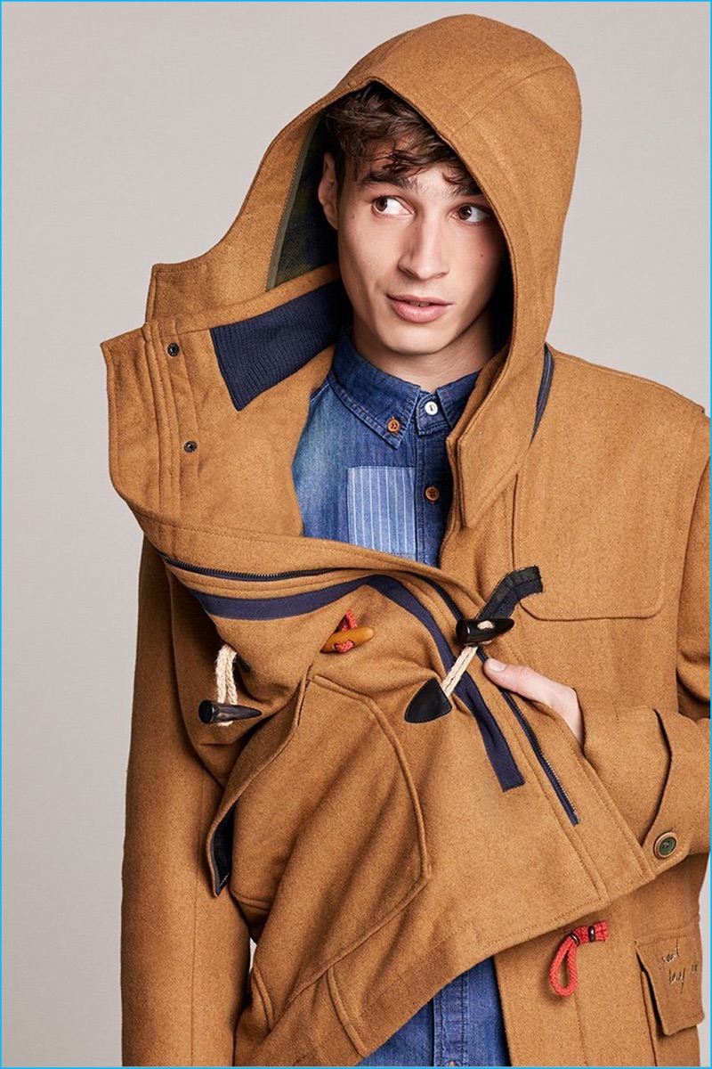 Adrien Sahores pictured in a dufflecoat from Desigual's fall-winter 2016 men's collection.