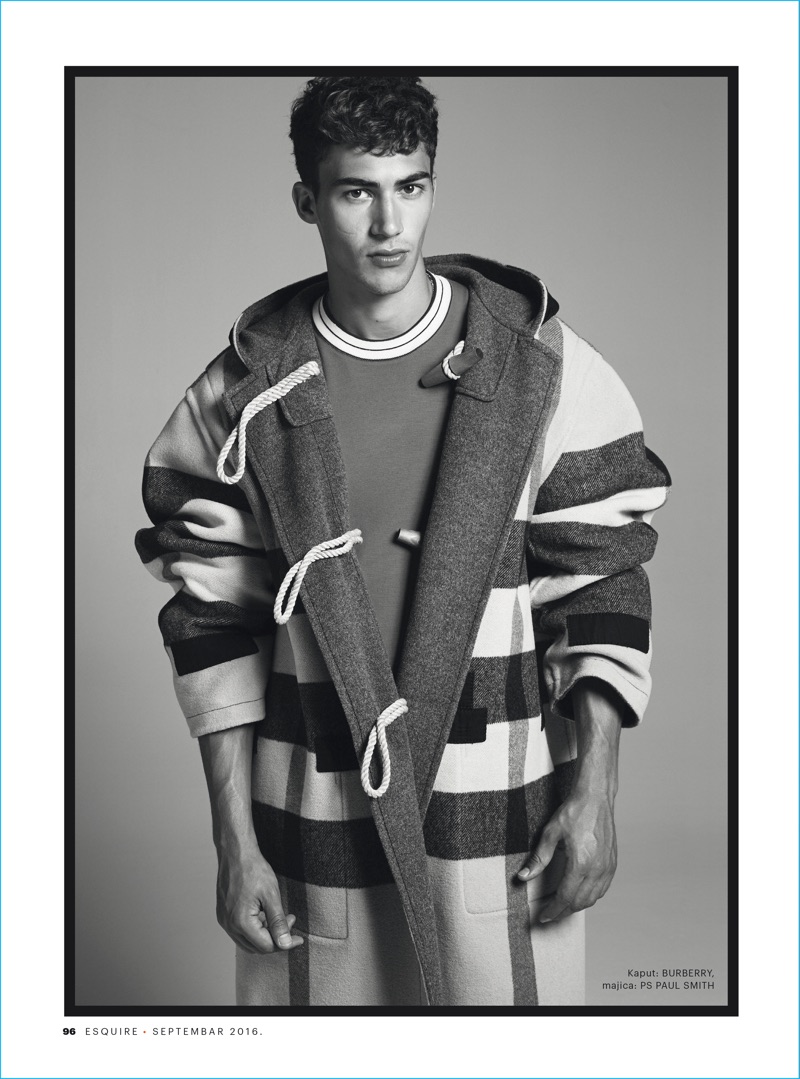 Alessio Pozzi rocks an oversized check duffle coat from Burberry with a PS Paul Smith shirt for Esquire Serbia.