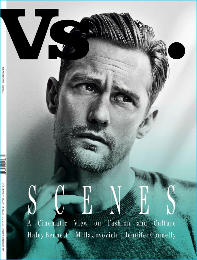 Alexander Skarsgård dons a BOSS Hugo Boss sweater for the fall-winter 2016 cover of Vs. magazine.