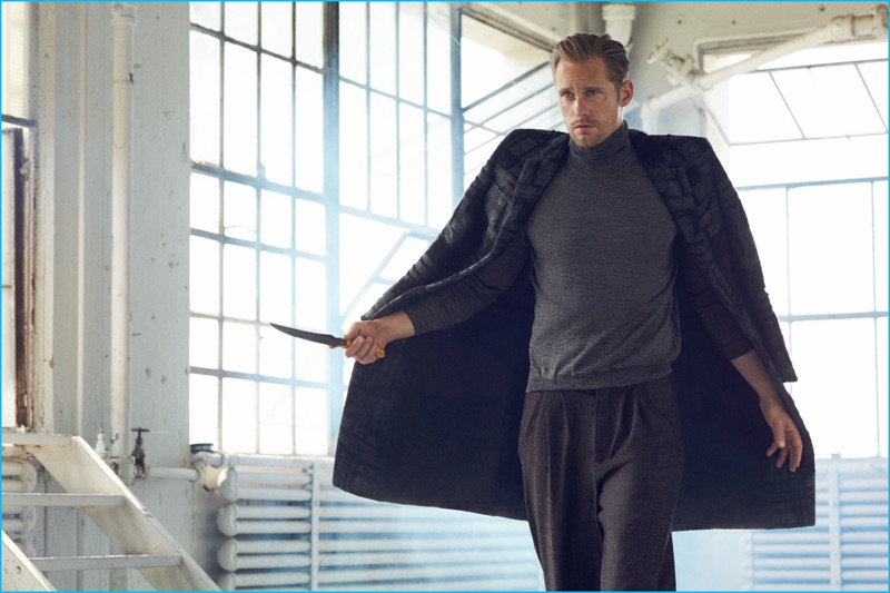 Alexander Skarsgård wields a knife for his Vs. magazine photo shoot.